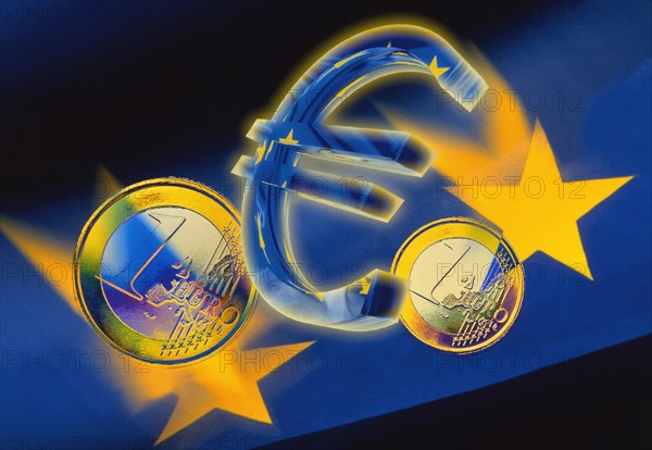 Euro sign between two Euro stars and Euro coins