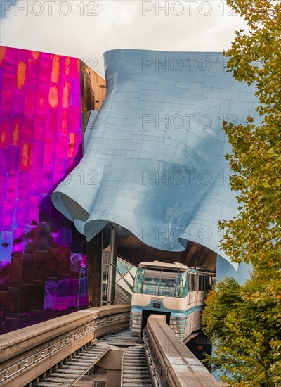 Monorail train runs through the Museum of Pop Culture