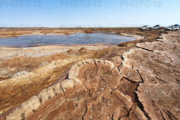 Salt lake with geothermal spring and petrified salt crystals