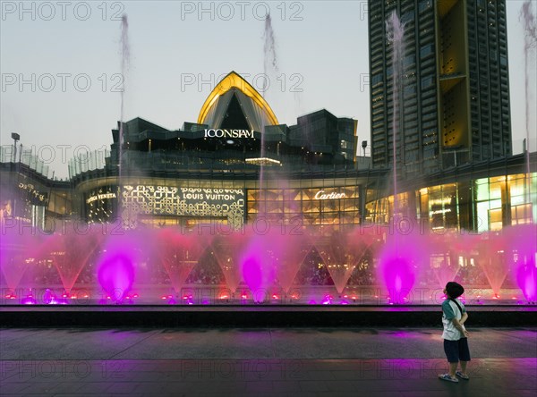 Water games with coloured fountains in front of the IconSiam shopping centre