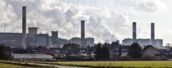 Housing estate in front of the lignite-fired power plant Frimmersdorf