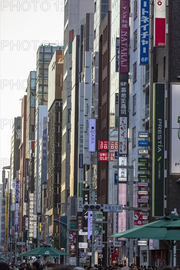 Row of houses with advertising signs in the shopping mile