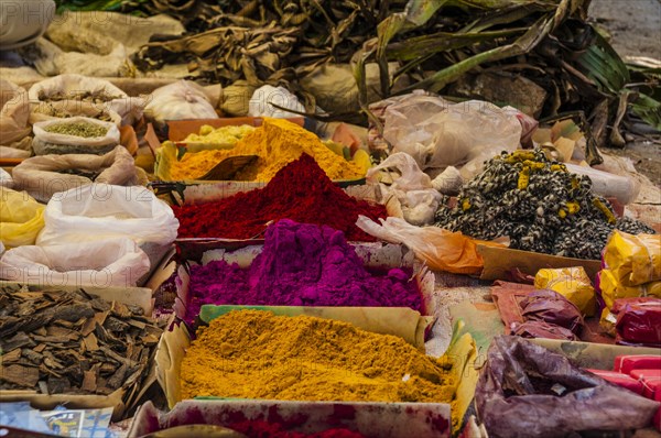Colorful spices and goods at a market