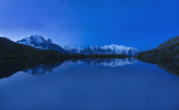 Mont Blanc reflected in Lake Cheserys at dawn