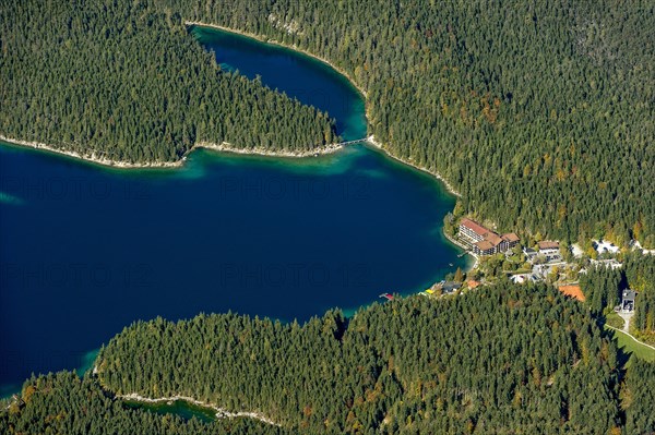 View of Eibsee Lake and Eibsee-Hotel from Zugspitze