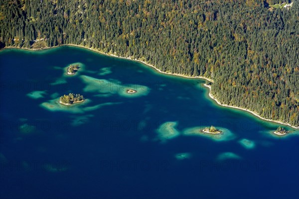 View of Eibsee Lake and Eibsee-Hotel from Zugspitze