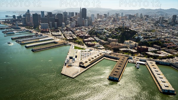 Aerial view of San Francisco Downtown with its piers as seen from the water