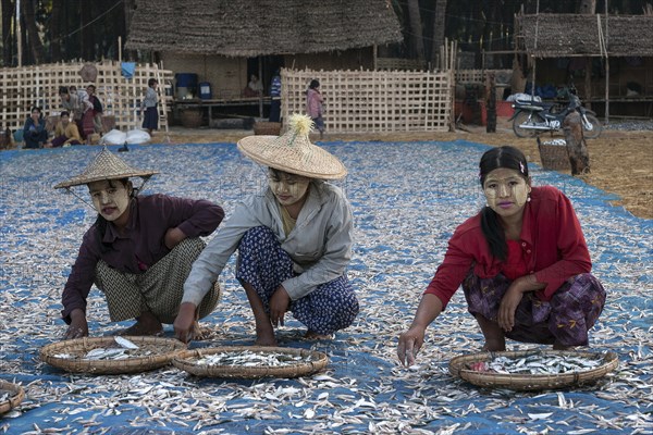 Local women wearing straw hats and Thanaka paste on their faces