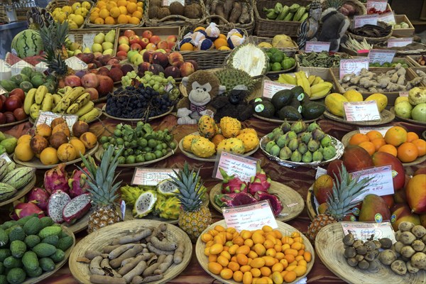 Various exotic fruits at a fruit stand