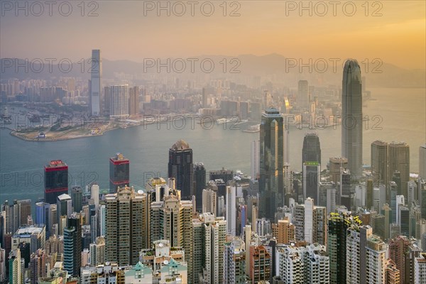 Skyscrapers in central Hong Kong seen from Victoria Peak at sunrise