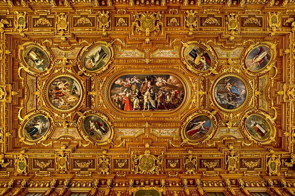 Coffered ceiling with the main painting of Sapientia and other paintings