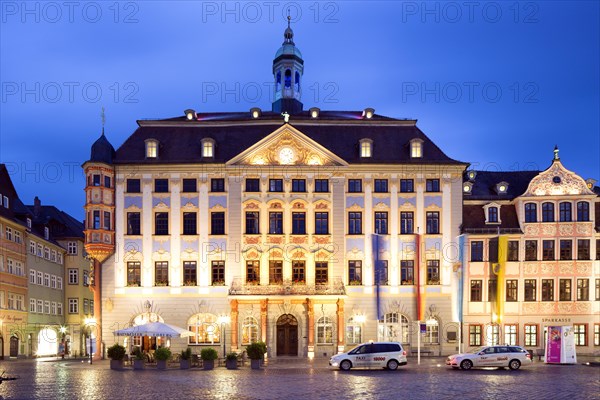 New Town Hall on the market square at dusk