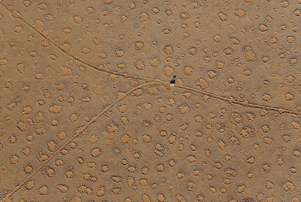 A vehicle of the balloon ground crew crosses a sandy plain with so-called Fairy Circles at the edge of the Namib Desert