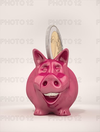 Smiling piggy bank with a 2 euro coin