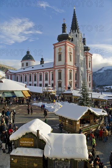 Christmas market in front of the Mariazell Basilica on the main square of Mariazell