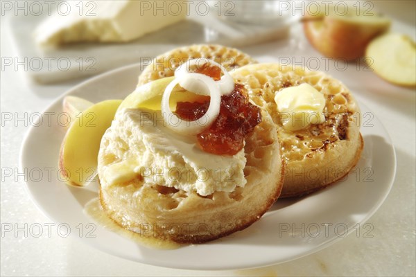 Traditional English crumpets and Wensleydale cheese with chutney