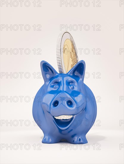 Smiling piggy bank with a 2 euro coin