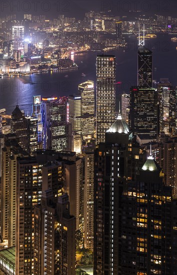 View from Victoria Peak across the high-rise buildings at night