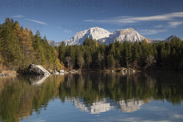 Alpine landscape with Hoher Goll Mountain at Lake Hintersee