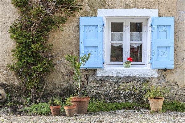 Window with bright blue shutters and potted plants