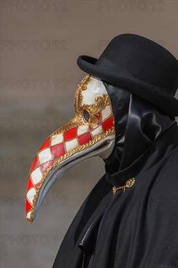 Person with Venetian bird mask wearing a bowler hat