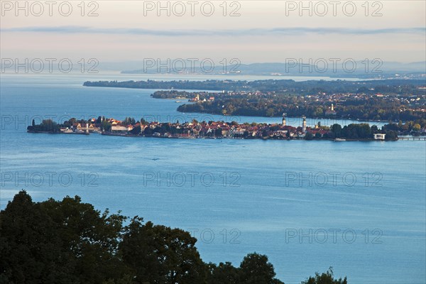 View over Lindau and Lake Constance from Pfaender Mountain in the early morning