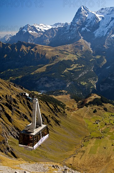 Cabin of the Schilthorn Cableway between the intermediate station of Birg and the summit of Schilthorn Mountain