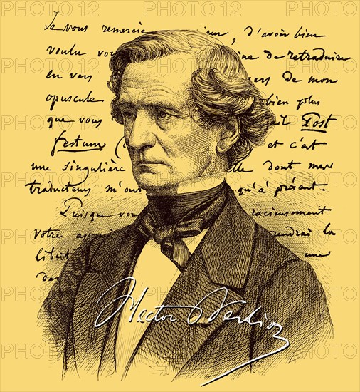 Historical manuscript with the portrait of Louis Hector Berlioz