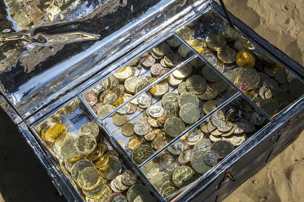 Treasure chest with gold and silver coins