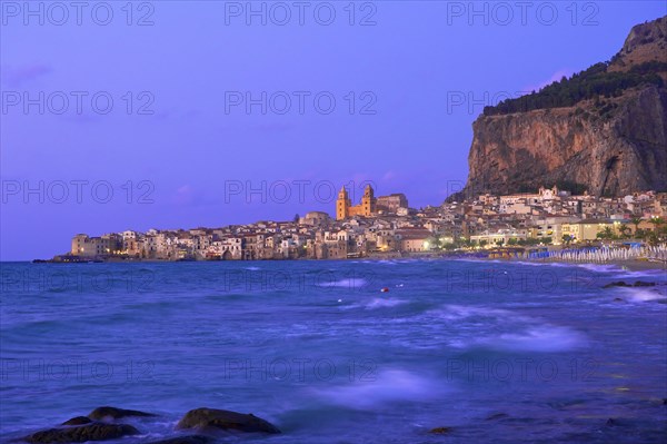 Historic town centre with the Cathedral of San Salvatore and Rocca di Cefalu at dusk