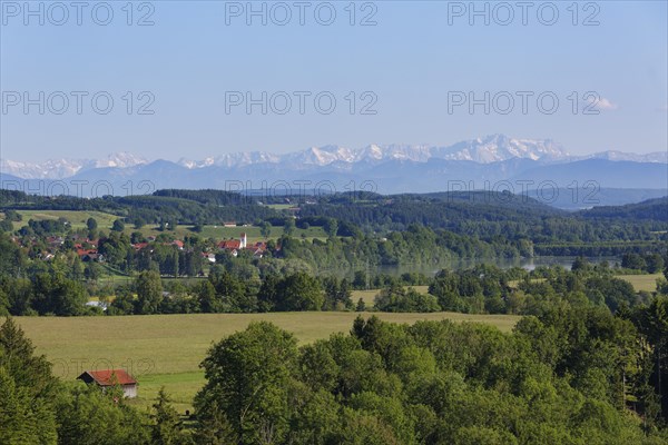 Apfeldorf and the Lech River in front of the Alps