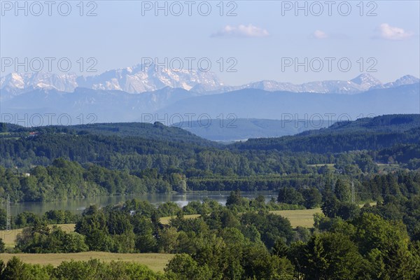 View from Reichling over the Lech River towards Zugspitze Mountain