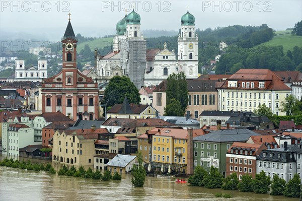 Historic town centre with the Parish Church of St. Paul and St. Stephen's Cathedral during the flood on 3rd June 2013