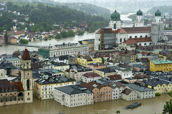 Historic town centre with the Town Hall and St. Stephen's Cathedral during the flood on 3rd June 2013