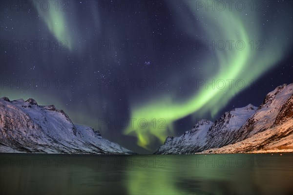 Aurora over a fjord with snow-covered mountains