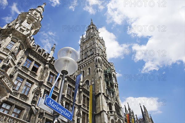 New Town Hall with the street sign for 'Marienplatz' square