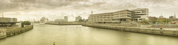 Panoramic view from Baakenhafenbruecke bridge of HafenCity quarter