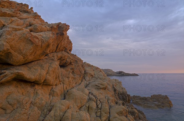 The red granite rocks of the island Ile de la Pietra near L'Île-Rousse illuminated by the first light of the day. L'Île-Rousse  is in the department Haute-Corse