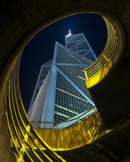 Spiral staircase in front of the tower of the Bank of China