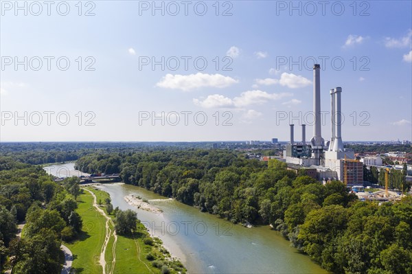 Brudermuhl bridge over the Isar river and southern cogeneration plant in Sendling