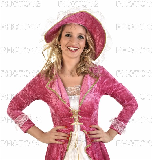 Young blonde woman wearing a pink and white costume