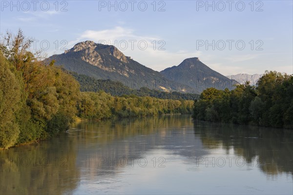 Inn river at Neubeuern with Wasserwand and Kranzhorn mountains