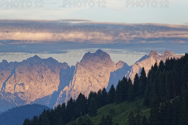 View from Mt. Sudelfeld in the Mangfall mountains towards the Wilder Kaiser mountain in Austria