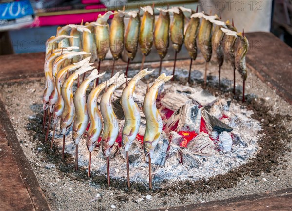 Grilled fish over fire at a food stall