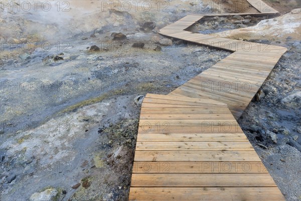 Boardwalk for tourists leading through the Seltun geothermal area near Krysuvik or Krisuvik