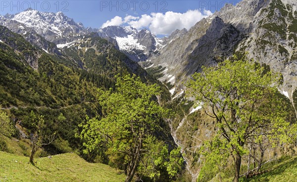 View from the Knappenhauser to snowy summits of Zugspitze with Hollentalferner and on the Hollental valley