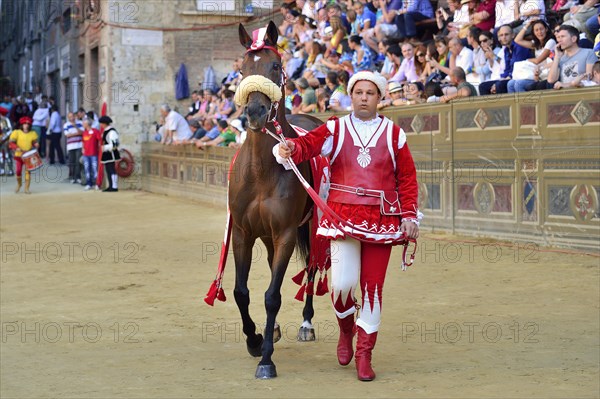 Horse and horse leader of the Contrada of the Giraffe