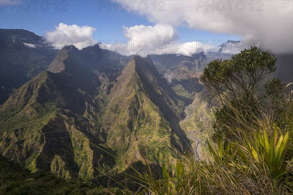 Dramatic clouds above Mafate basin with Piton Cabris and Canyon des Riviere des Galets