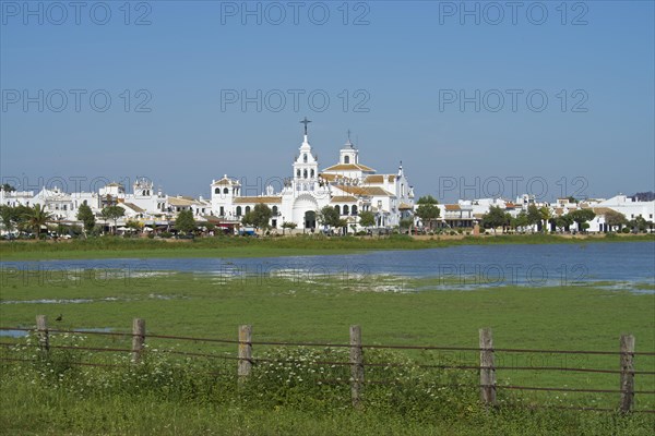 Hermitage of El Rocio in the lagoon of the Donana National Park