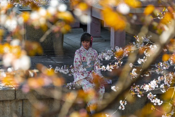 Japanese woman with kimono sitting at pagoda Amidado